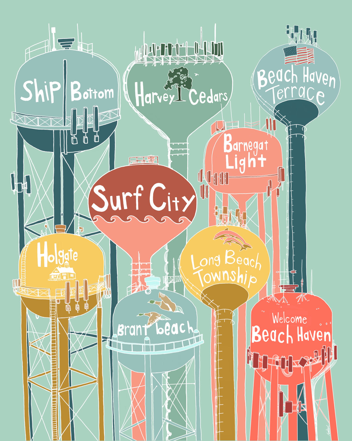 Print-LBI Water Towers light green background