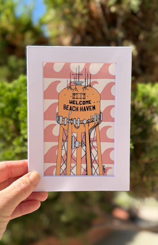Mini Print:Beach Haven Water Tower (Pink)